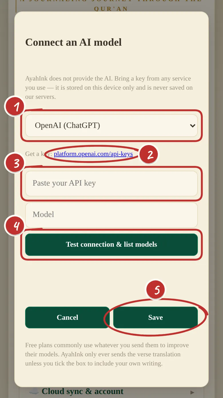 The 'Connect an AI model' window: service, get a key, paste your key, test connection, save
