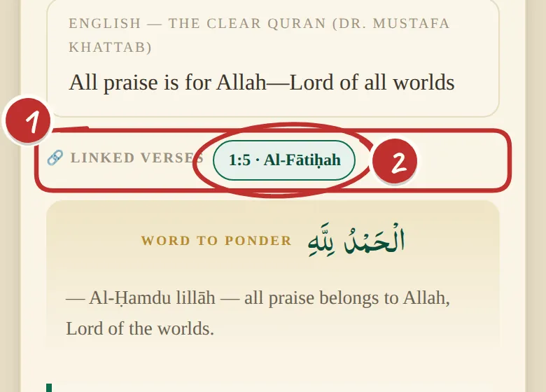 The 'Linked verses' bar on ayah 1:2, showing a link to 1:5