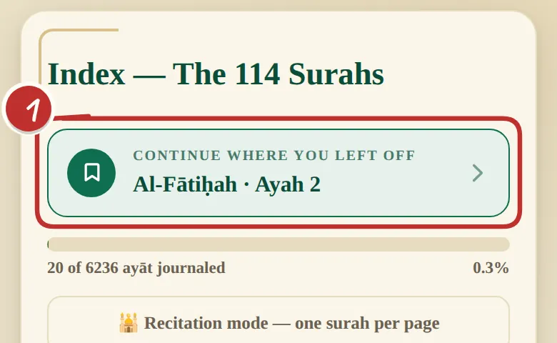 The 'Continue where you left off' button at the top of the Index