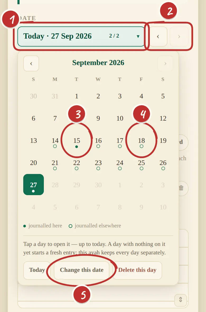 The day bar and calendar on an ayah, showing filled and hollow dots