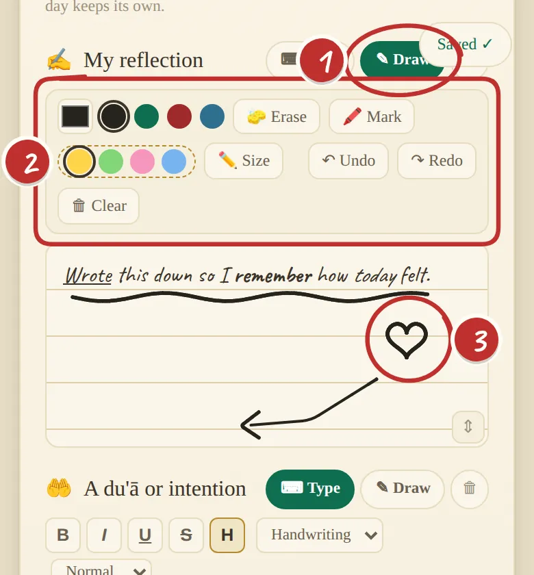 Draw mode: the Draw/Type switch, the ink toolbar, and a drawing on the ruled page