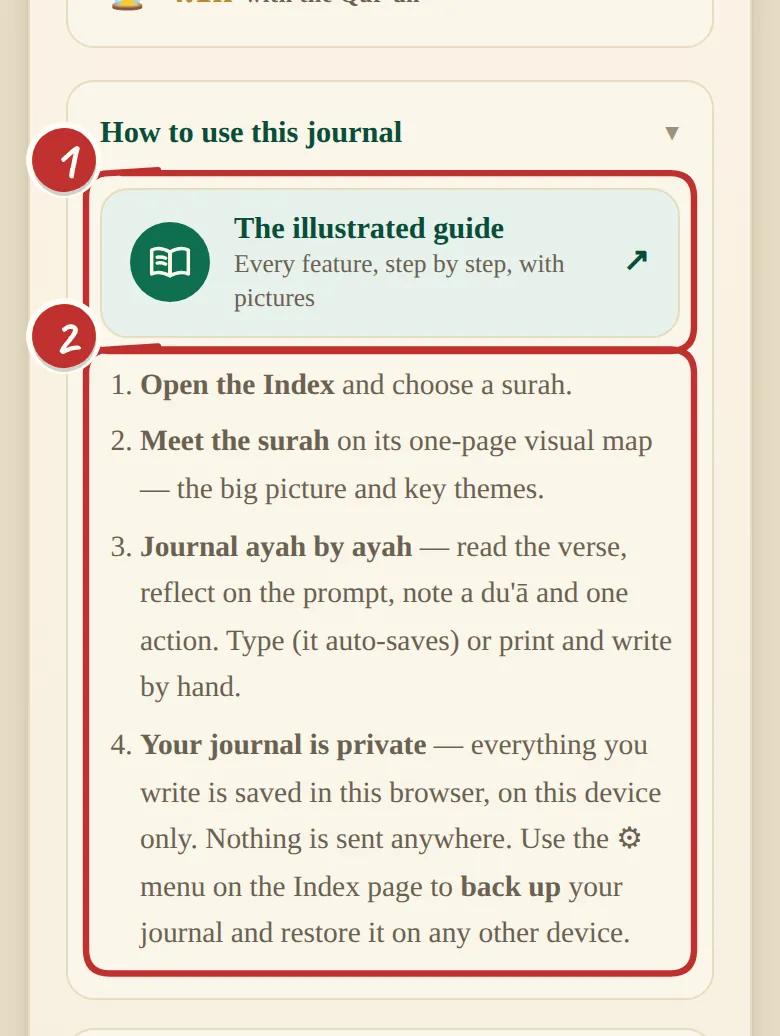 The 'How to use this journal' card on the cover, with the illustrated guide link at the top