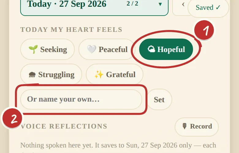 'Today my heart feels' with mood chips and 'Or name your own'