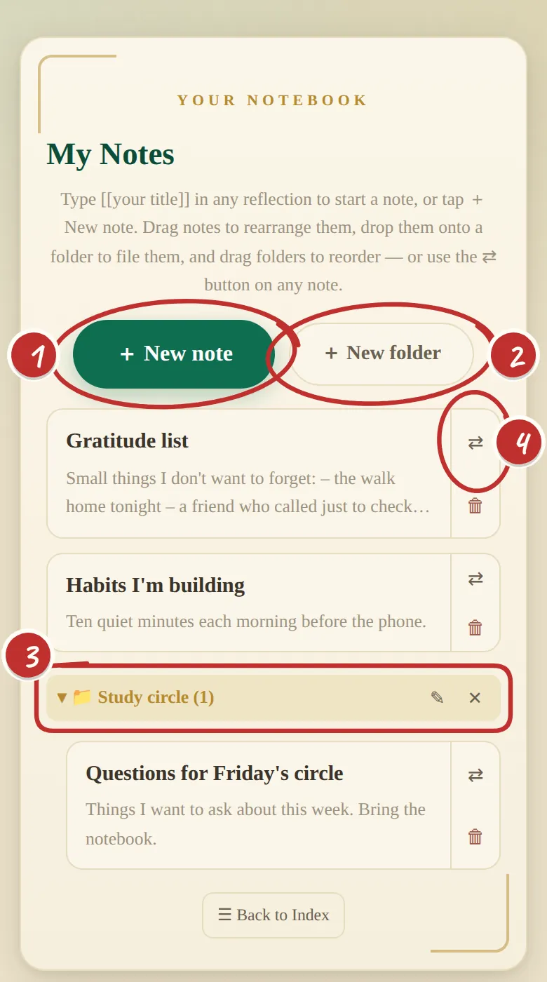 My Notes: New note and New folder buttons, a 'Study circle' folder and three notes