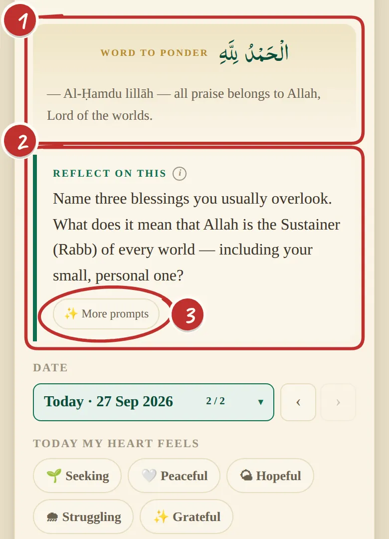 'Word to ponder' and the 'Reflect on this' prompt with the More prompts button