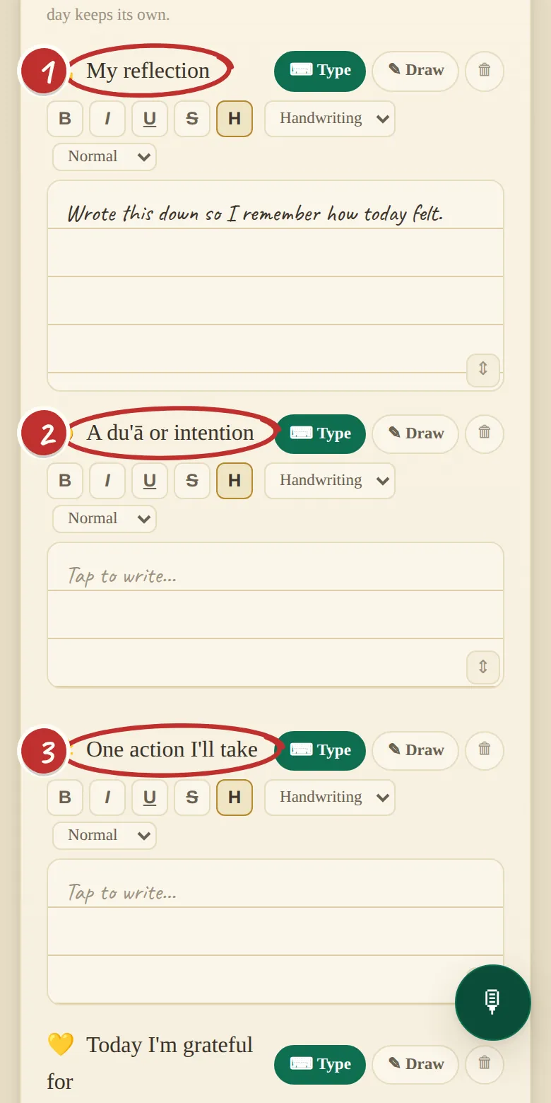 The writing boxes: My reflection, A du'ā or intention, One action I'll take, Today I'm grateful for, and + Add a section