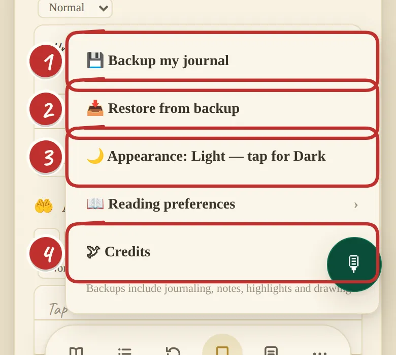 Settings: Backup my journal, Restore from backup, Appearance, Reading preferences, Credits