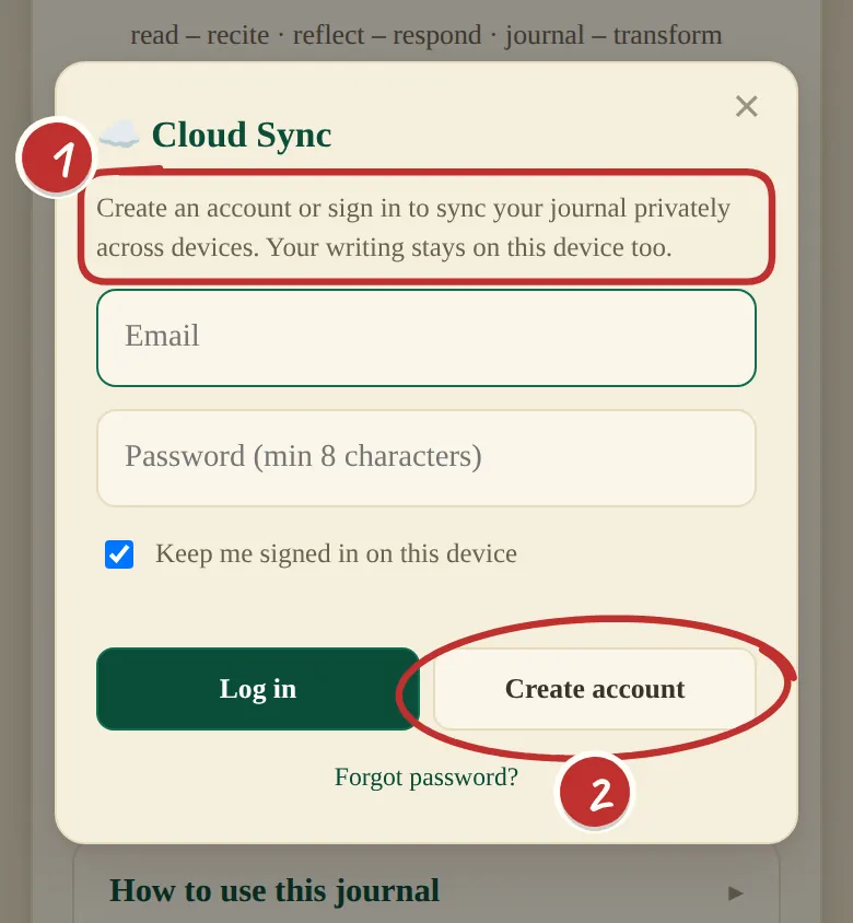 The Cloud Sync window: 'sync your journal privately across devices', with Log in and Create account